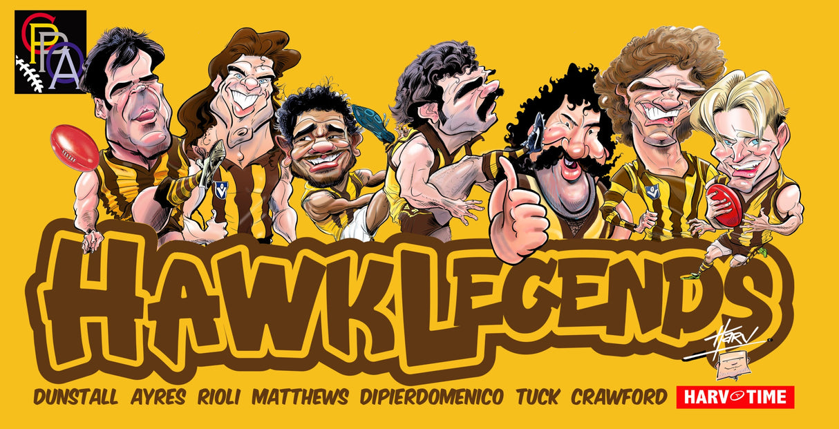 Hawthorn Hawks Player Legends Caricature Stubby Holders. Art by HarvTime.