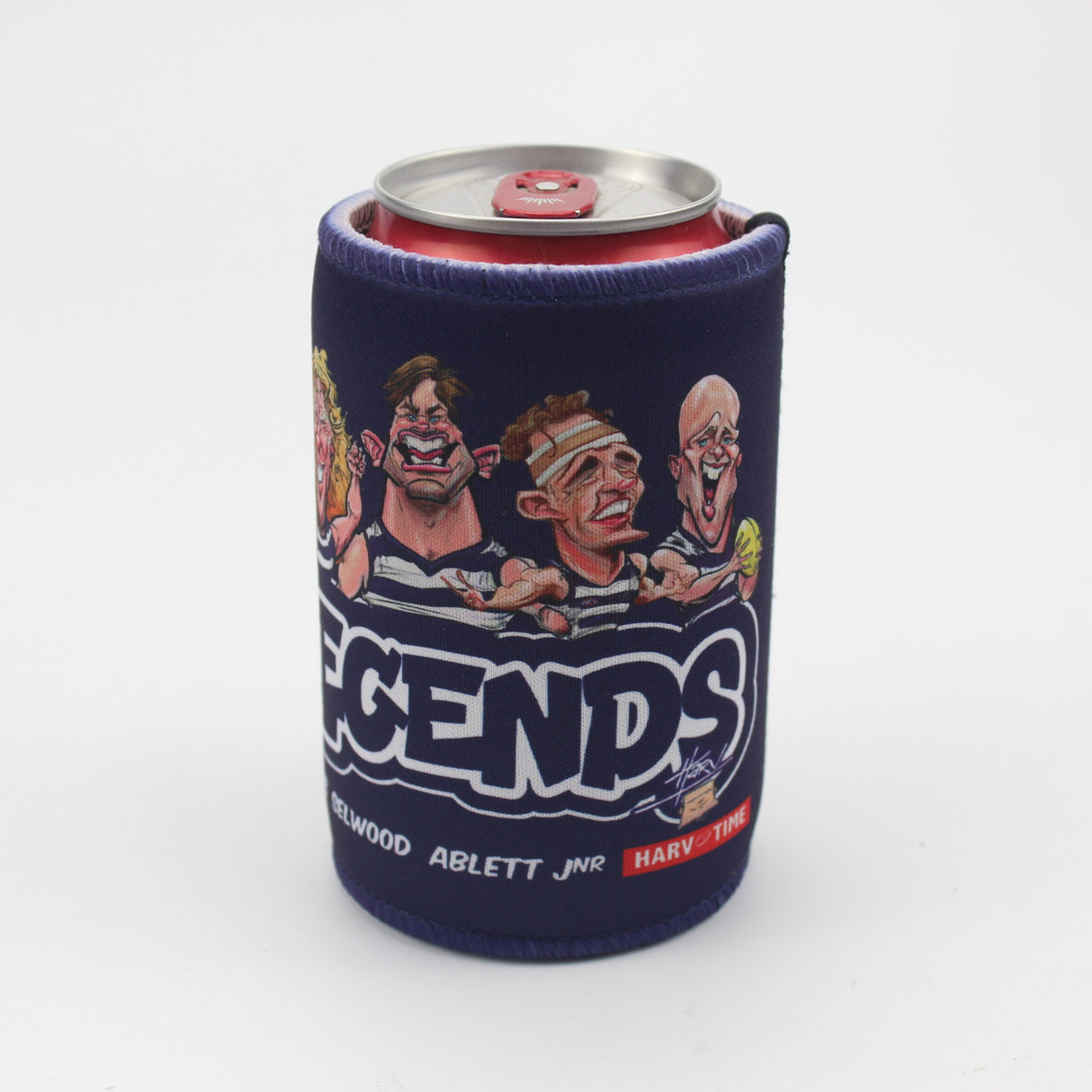 Geelong Cats Player Legends Caricature Stubby Holders. Art by HarvTime.