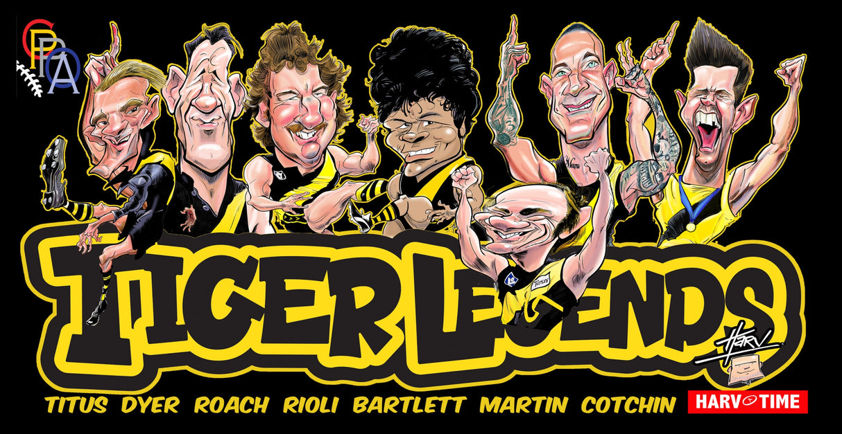 Richmond Tigers Player Legends Caricature Stubby Holders. Art by HarvTime.