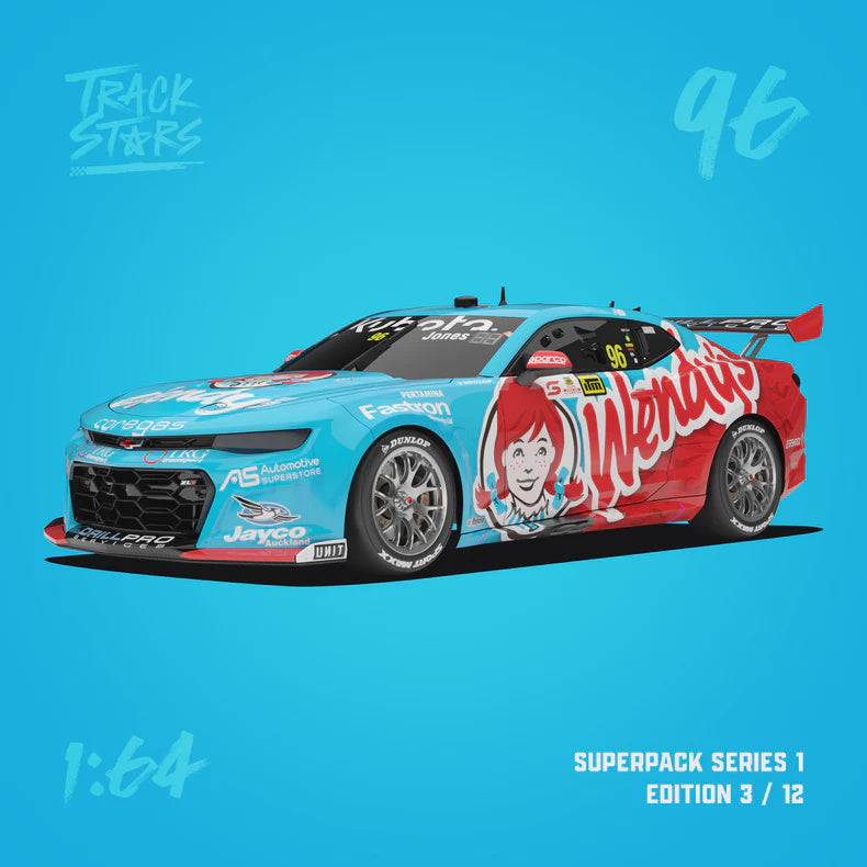 TrackStars Brad Jones Racing Wendy’s #96 Chevrolet Camaro ZL1 Supercar - 2025 Taupo Super 440 - Macauley Jones, 1:64 Scale Diecast Car