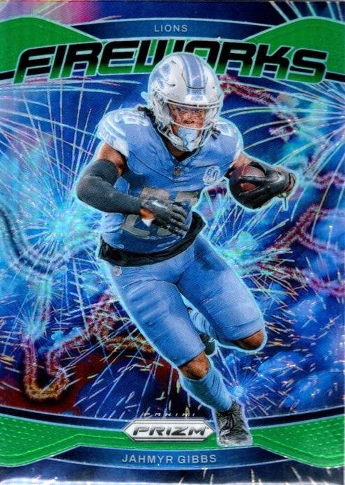 Jahmyr Gibbs, Fireworks Green Prizm, 2024 Panini Prizm Football NFL