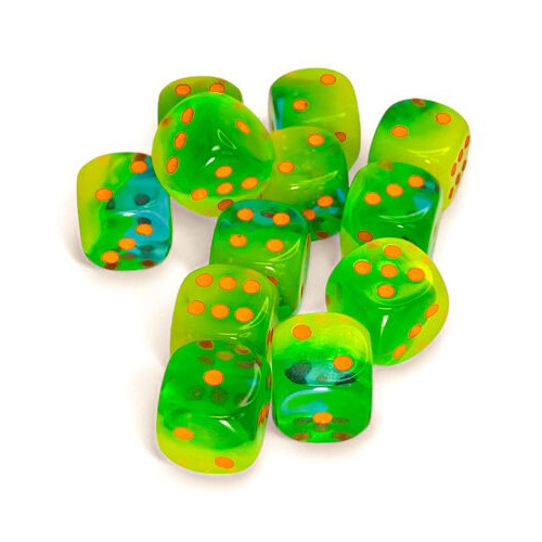 CHX 26670 Gemini Plasma Green-Teal/orange Luminary 16mm d6 Dice Block (12 dice)