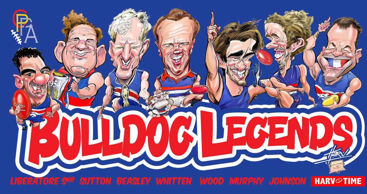 Western Bulldogs Player Legends Caricature Stubby Holders. Art by HarvTime.