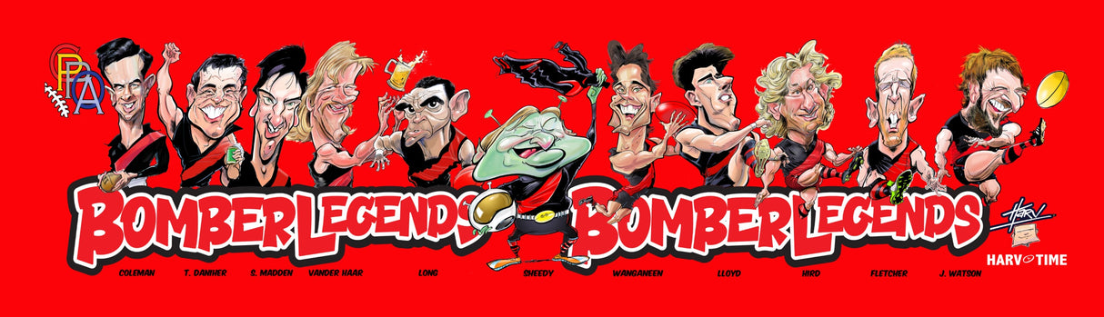 Essendon Bombers Player Legends Caricature Bar Runner. Art by HarvTime.