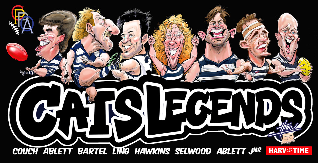 Geelong Cats Player Legends Caricature Stubby Holders. Art by HarvTime.