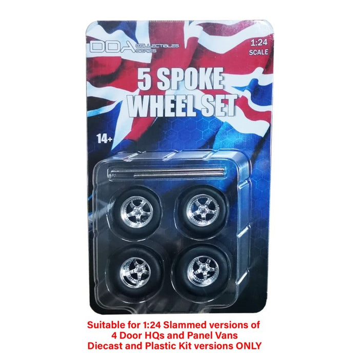 Set of 4 x 5 Spoke Chrome Wheels w/Tyres & Axles,1:24 Scale