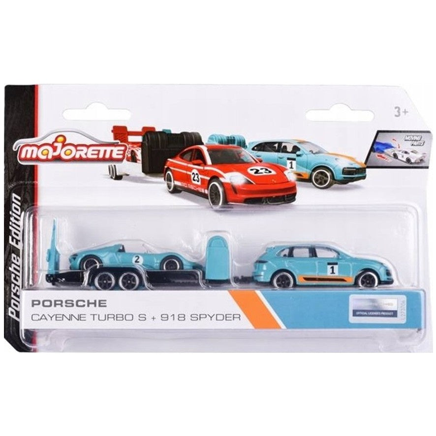 Majorette - Porsche Cayenne Turbo S E-Hybrid, Porsche 918 Spyder, trailer, 1:64 Scale Diecast Car