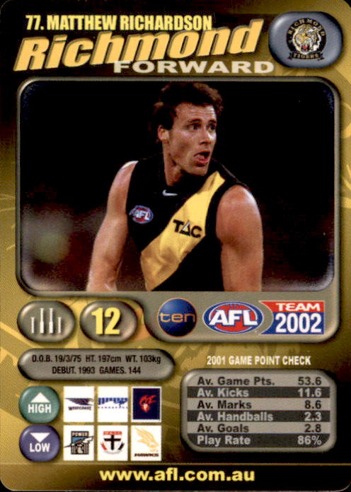 Richmond Tigers, Base, Silver & Gold Sets, 2002 Teamcoach AFL