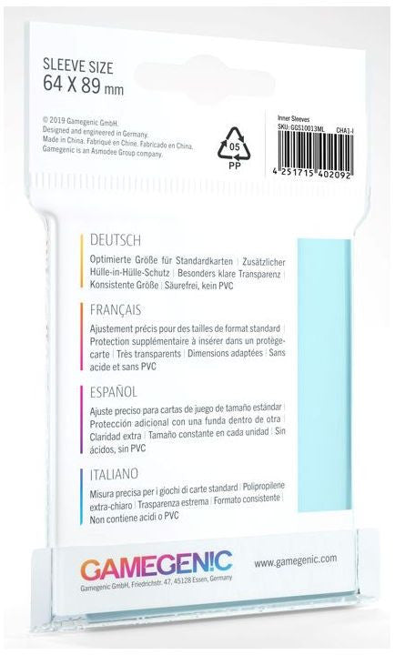Gamegenic Inner Card Sleeves - Size Code INNER - (64mm x 89mm) (100 Sleeves Per Pack)