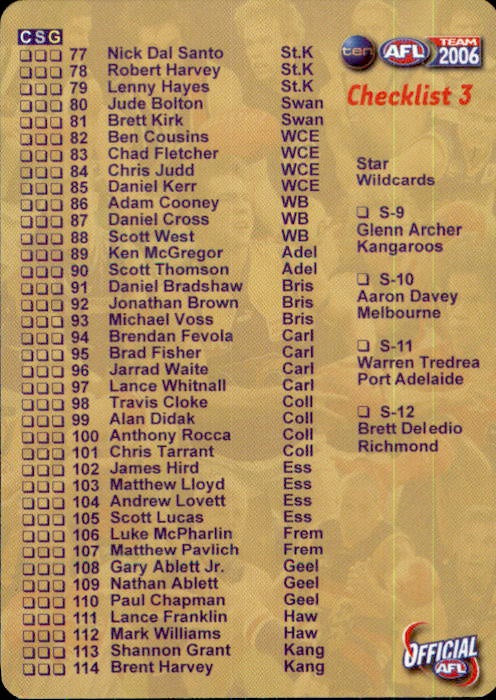 Checklist 3 & 4 (on 1 card), Silver, 2006 Teamcoach AFL