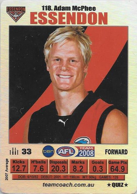 Adam McPhee, Silver Quiz card, 2008 Teamcoach AFL