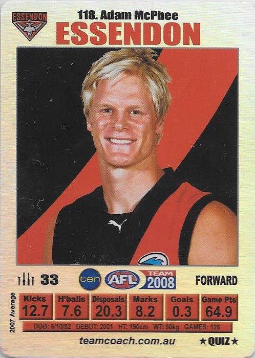 Adam McPhee, Silver Quiz card, 2008 Teamcoach AFL
