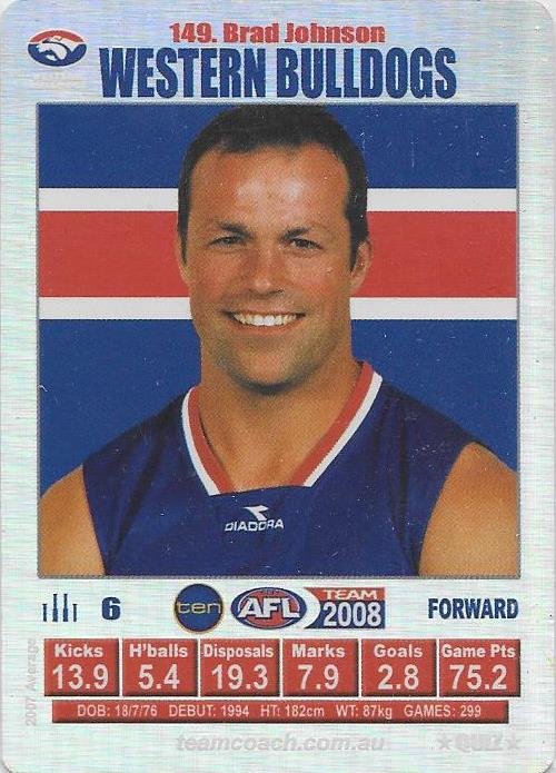 Brad Johnson, Silver Quiz card, 2008 Teamcoach AFL