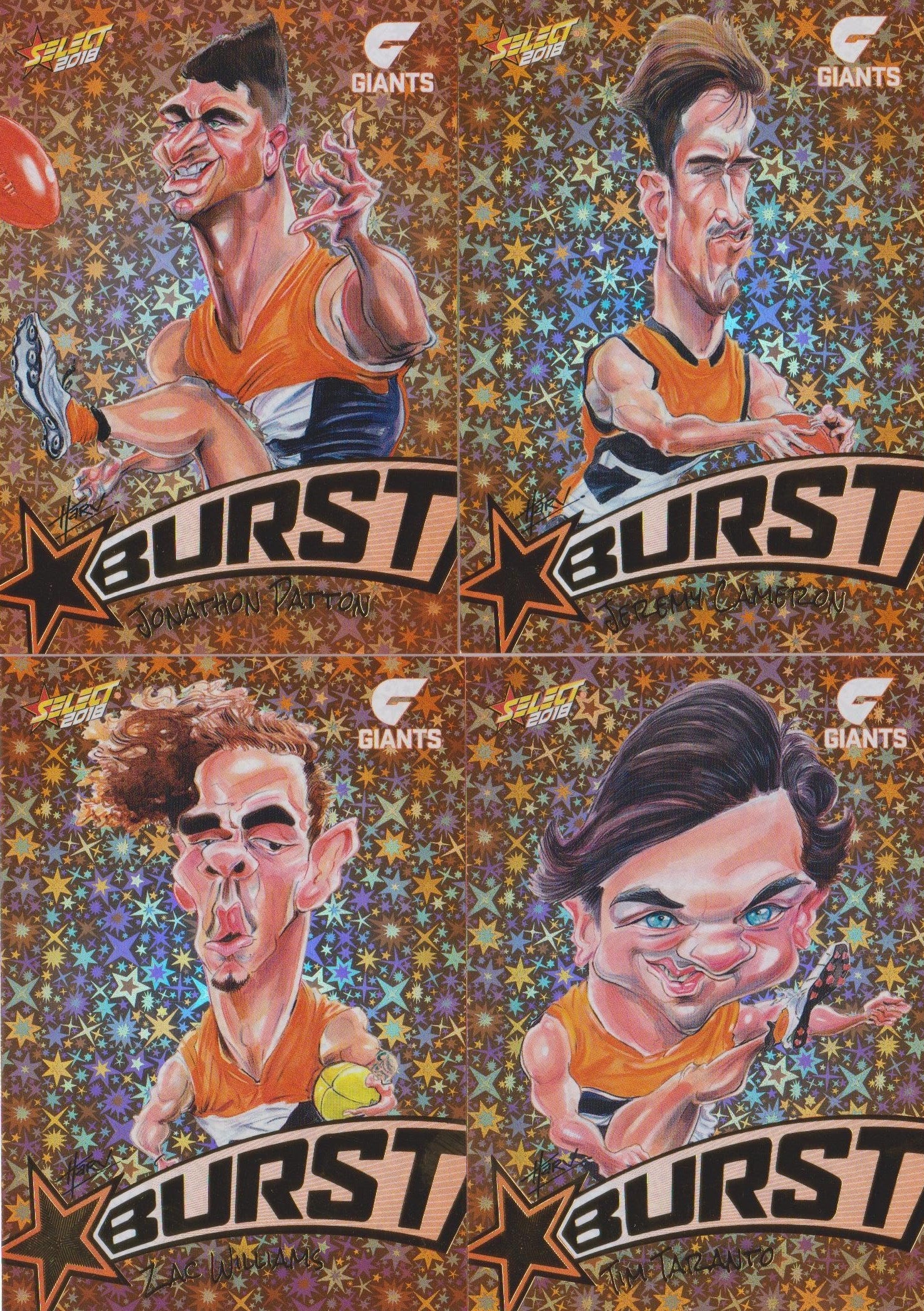 GWS Giants, Starburst Orange Caricatures Team Set, 2018 Select AFL Footy Stars