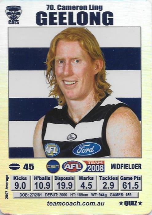 Cameron Ling, Silver Quiz card, 2008 Teamcoach AFL