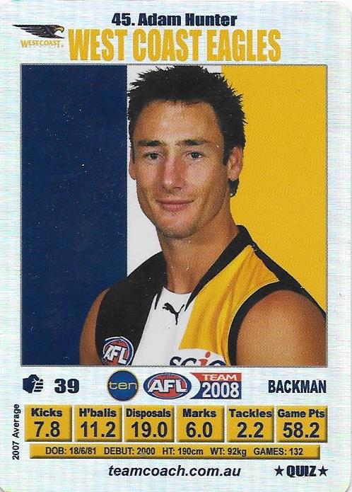 Adam Hunter, Silver Quiz card, 2008 Teamcoach AFL