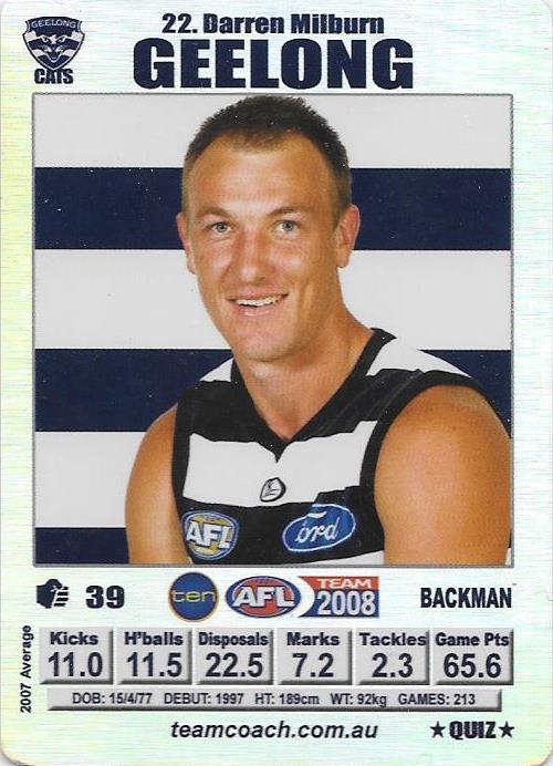 Darren Milburn, Silver Quiz card, 2008 Teamcoach AFL